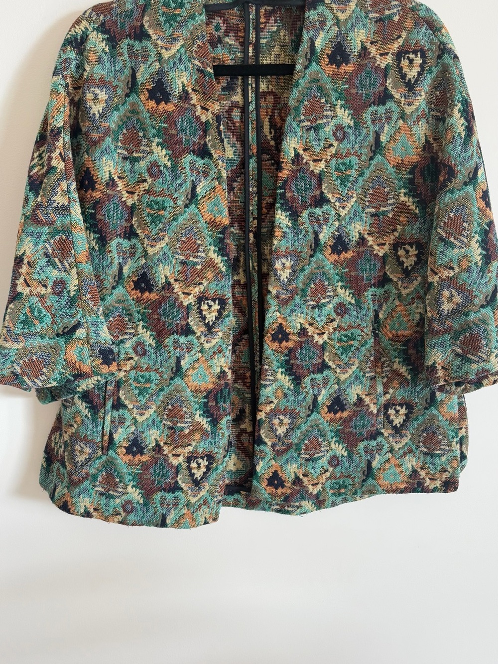 Zara Teal Multi Pattern Open-Front Blazer